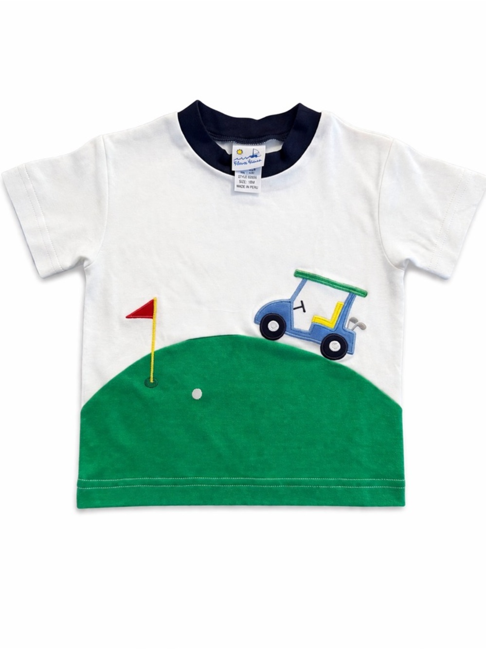 Florence Eiseman White Tee with Navy Trim and Green Applique